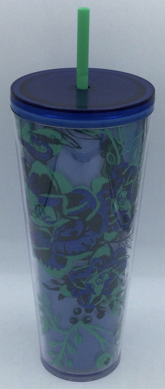 Starbucks Blue and Green Flower 24oz Cold Cup Tumbler w/ Lid & Straw
