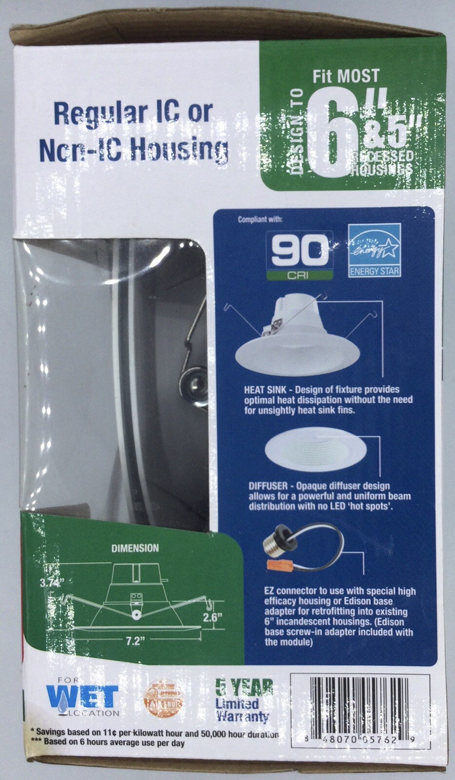 Elite REL637-950L-DIMTR-120-50K-90-W-WH 5/6" LED Retrofit Baffle Trim