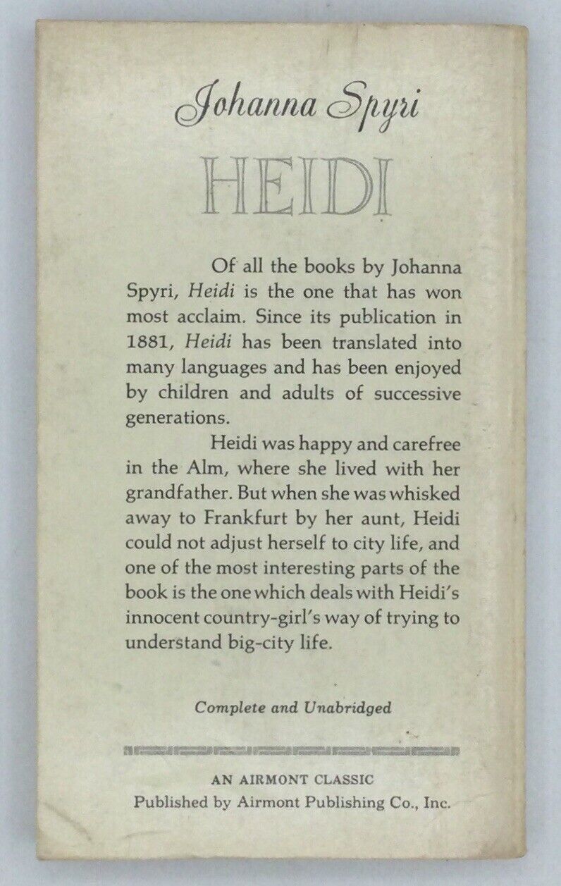 Heidi By Johanna Spyri Paperback 1963