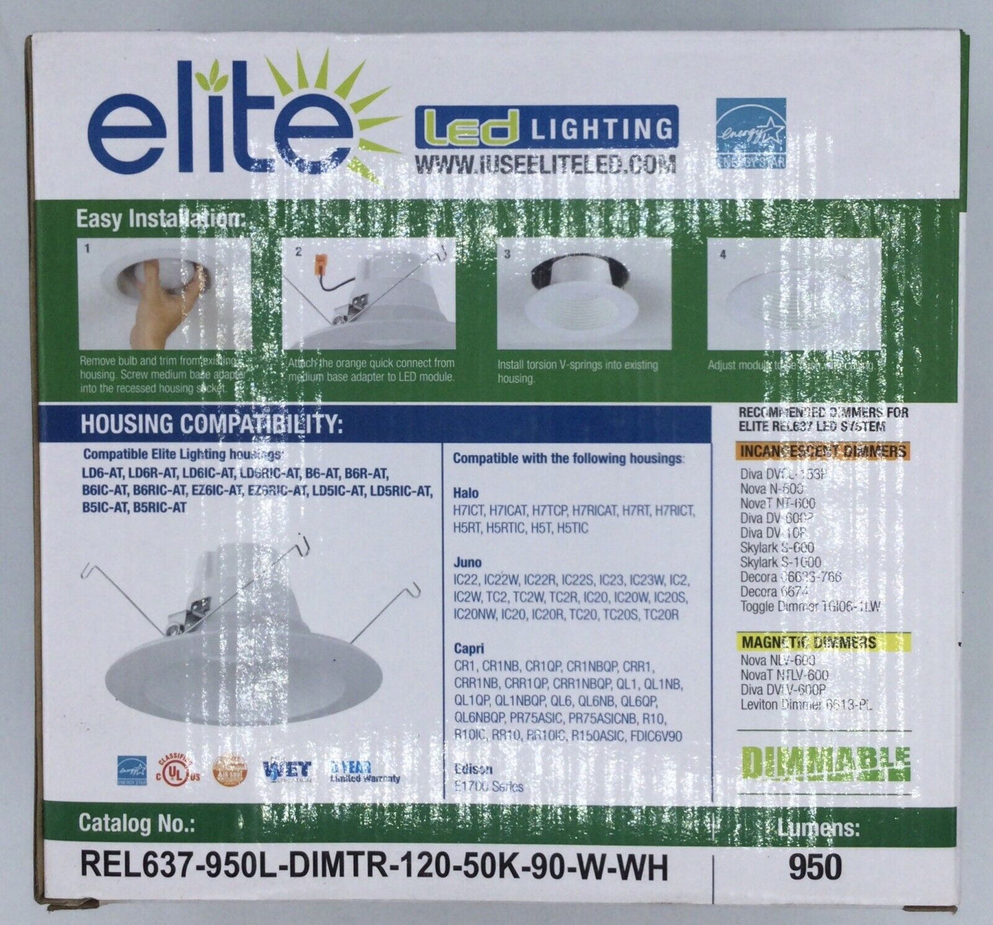 Elite REL637-950L-DIMTR-120-50K-90-W-WH 5/6" LED Retrofit Baffle Trim