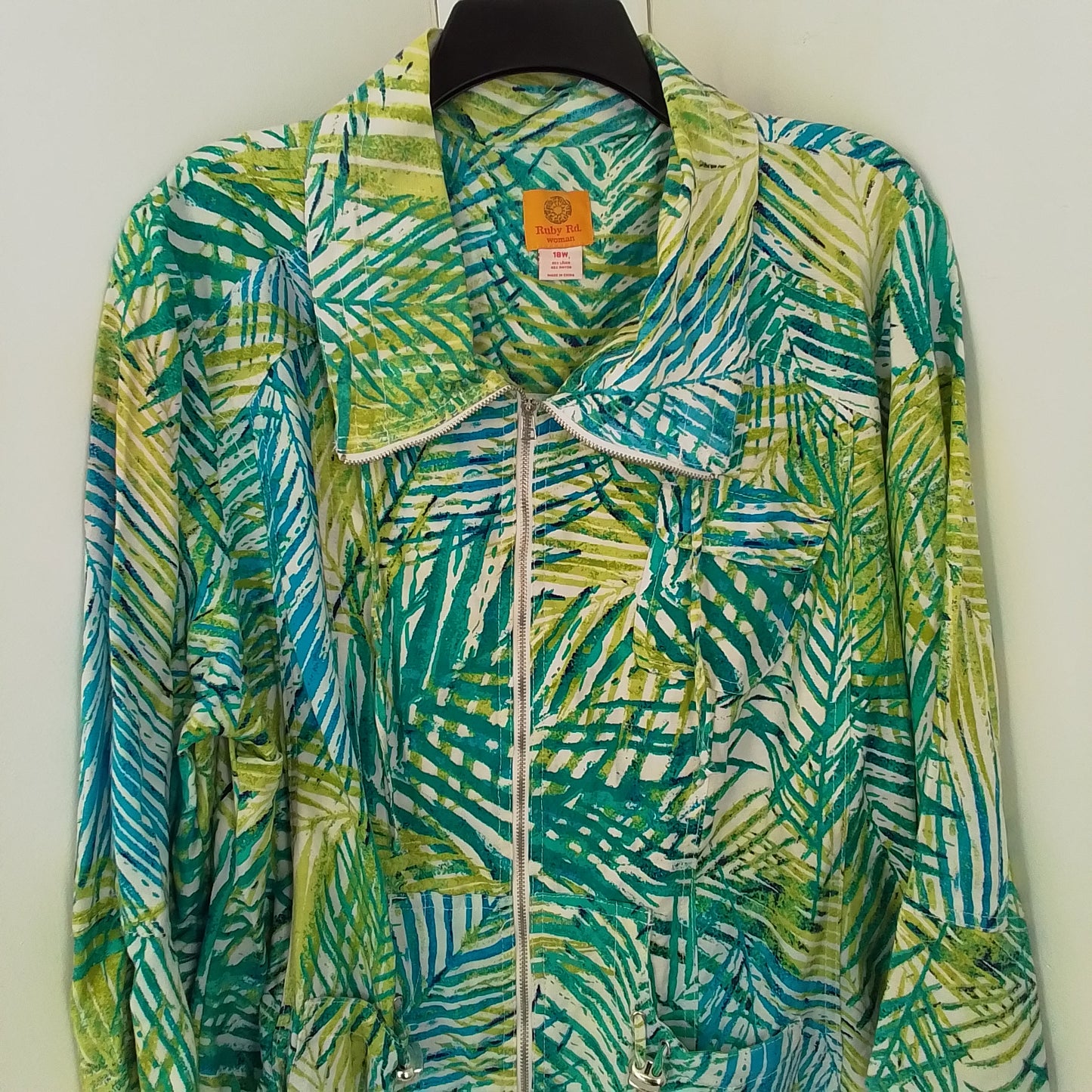 Ruby Rd Women's Jacket Size 18 Linen Rayon White Green Aqua Blue