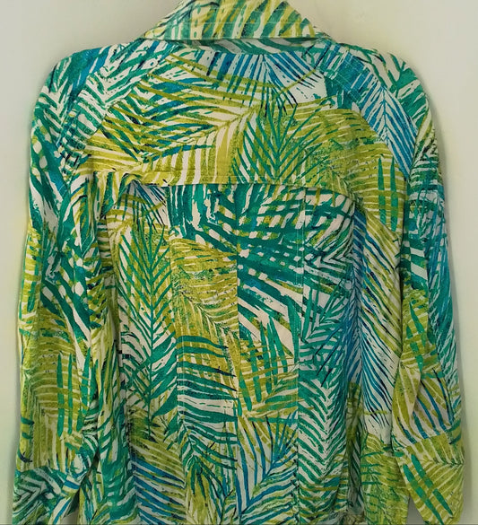 Ruby Rd Women's Jacket Size 18 Linen Rayon White Green Aqua Blue