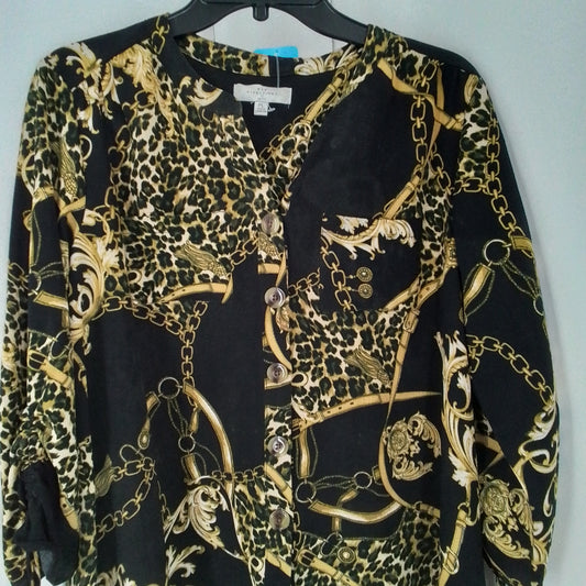 New Directions Womens Blouse L Black Yellow Polyester