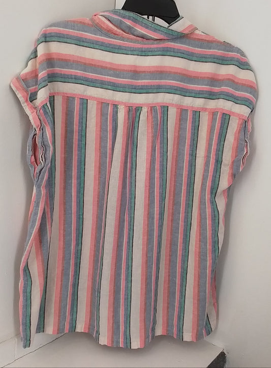 Women's Linen Blouse - Size L, White/Aqua/Purple/Salmon Stripes