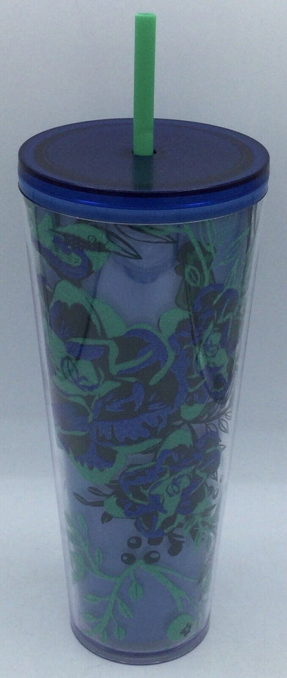 Starbucks Blue and Green Flower 24oz Cold Cup Tumbler w/ Lid & Straw