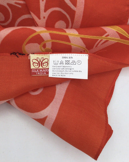 Silk Mark India Orange, White, and Gold Plant Patterned Scarf