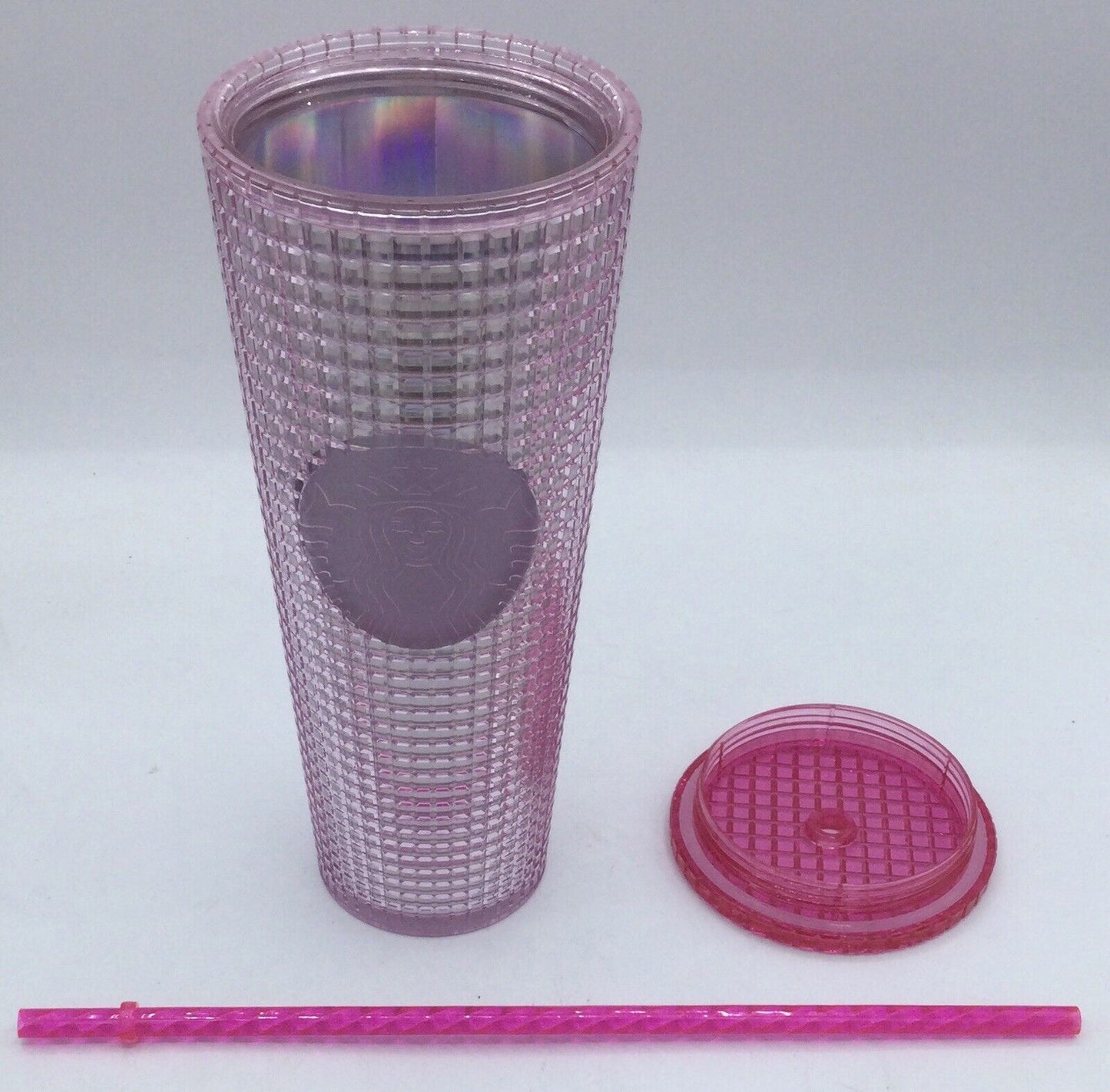 Starbucks 2023 Iridescent Bubblegum Grid Pink Silver Cold Cup 24oz Venti Tumbler