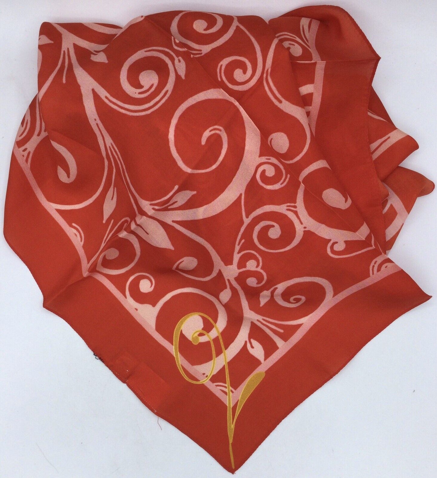 Silk Mark India Orange, White, and Gold Plant Patterned Scarf