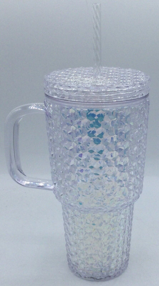 Holiday Time 30-Ounce Acrylic Iridescent Blue Double Wall Tumbler, Cup w Straw