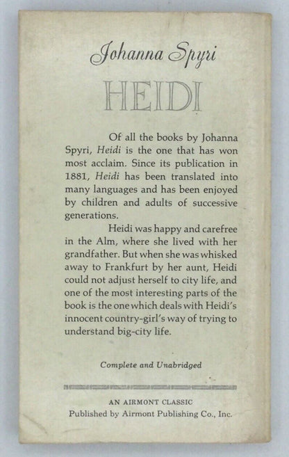 Heidi By Johanna Spyri Paperback 1963