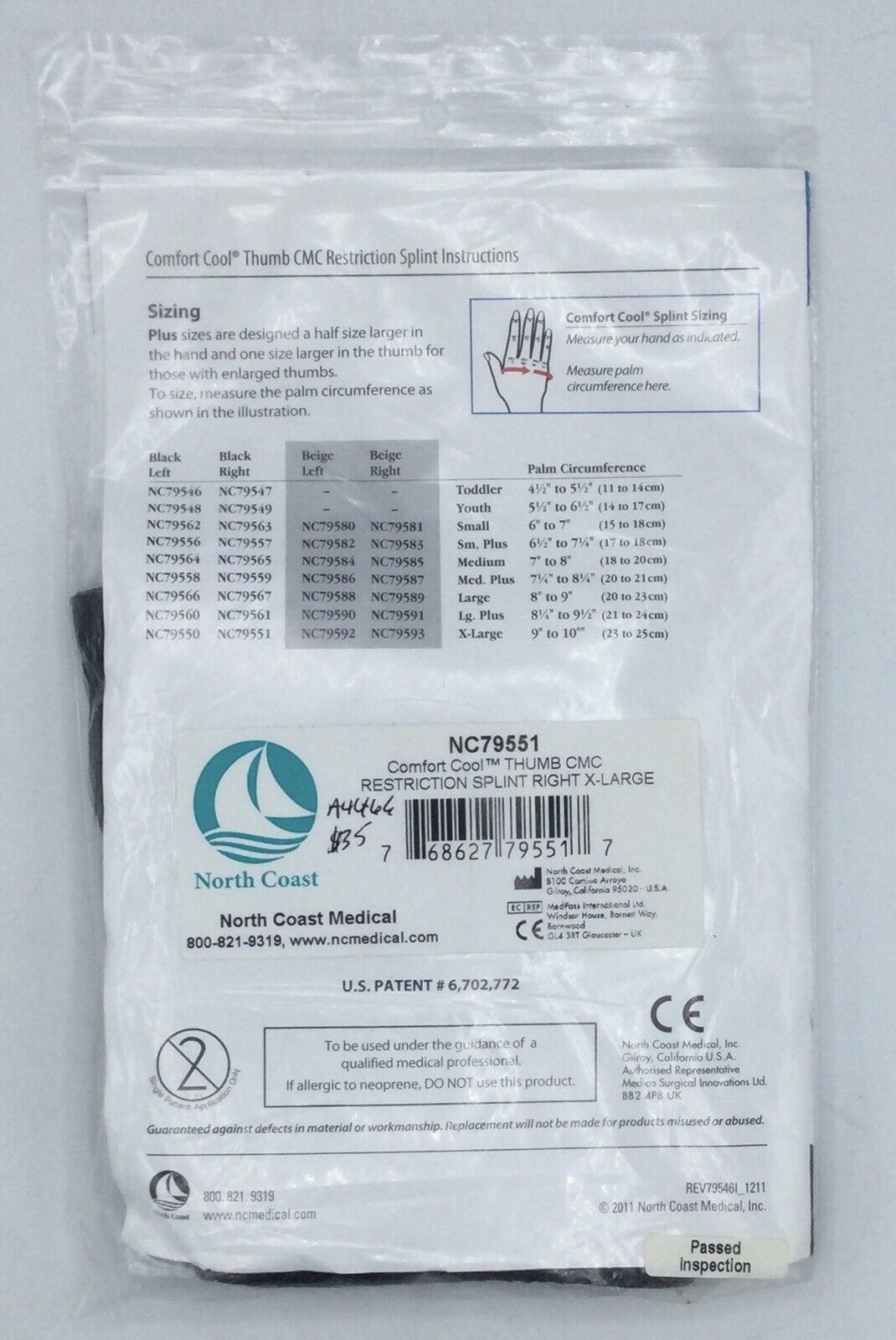 Comfort Cool Thumb CMC Restriction Splint - NC79551 Right XL