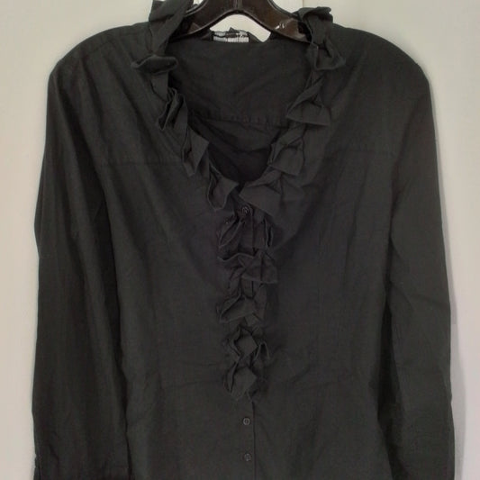 Express Women's Black Blouse, Size L, Button Down Ruffle