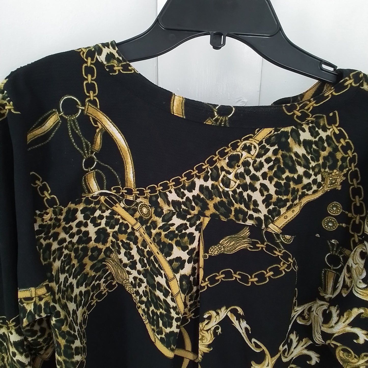 New Directions Womens Blouse L Black Yellow Polyester