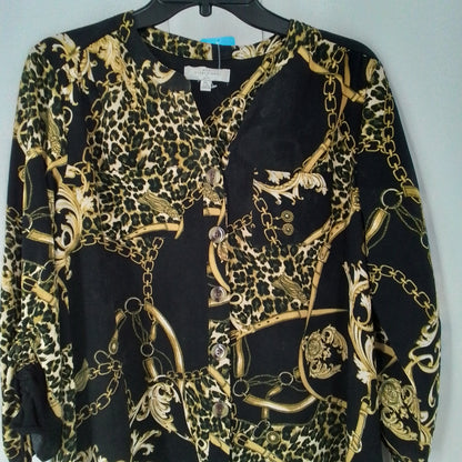 New Directions Womens Blouse L Black Yellow Polyester