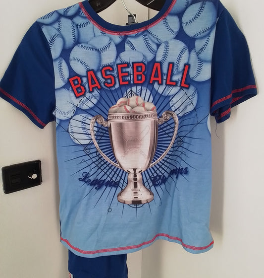 Kids 3-piece Blue Polyester Pajamas: shirt, pants, & shorts- Sizes L/10/12