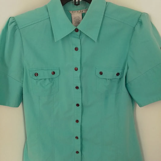 Women's Teal Button Up Shirt - Size M, Cotton/Polyester