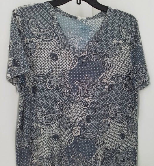 Cato Women's Blouse L Blue White Floral Cotton Polyester