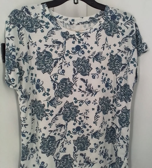 Women's Floral Short Sleeve Shirt - White/Blue, Size M