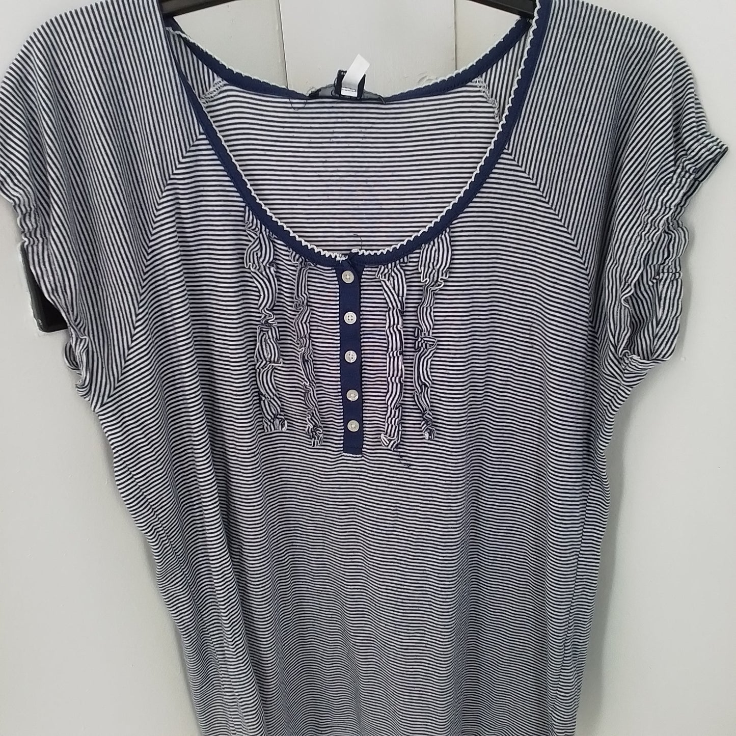 Chaps Women's XL White Blue Striped Blouse Cotton Polyester