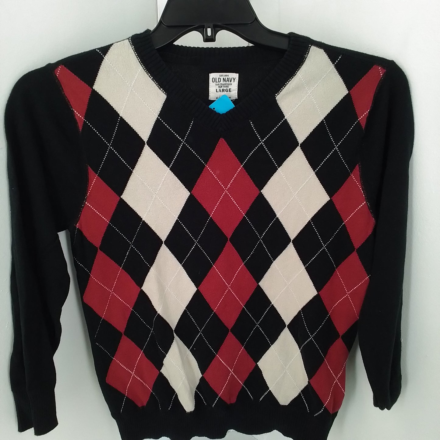 Old Navy kids Cotton Sweater L White/Red/Black argyle Patterned