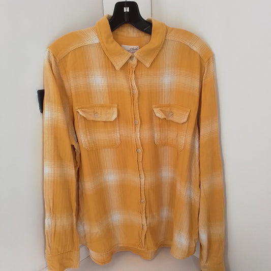 Women's XL Cotton Button Up Shirt - Yellow/White