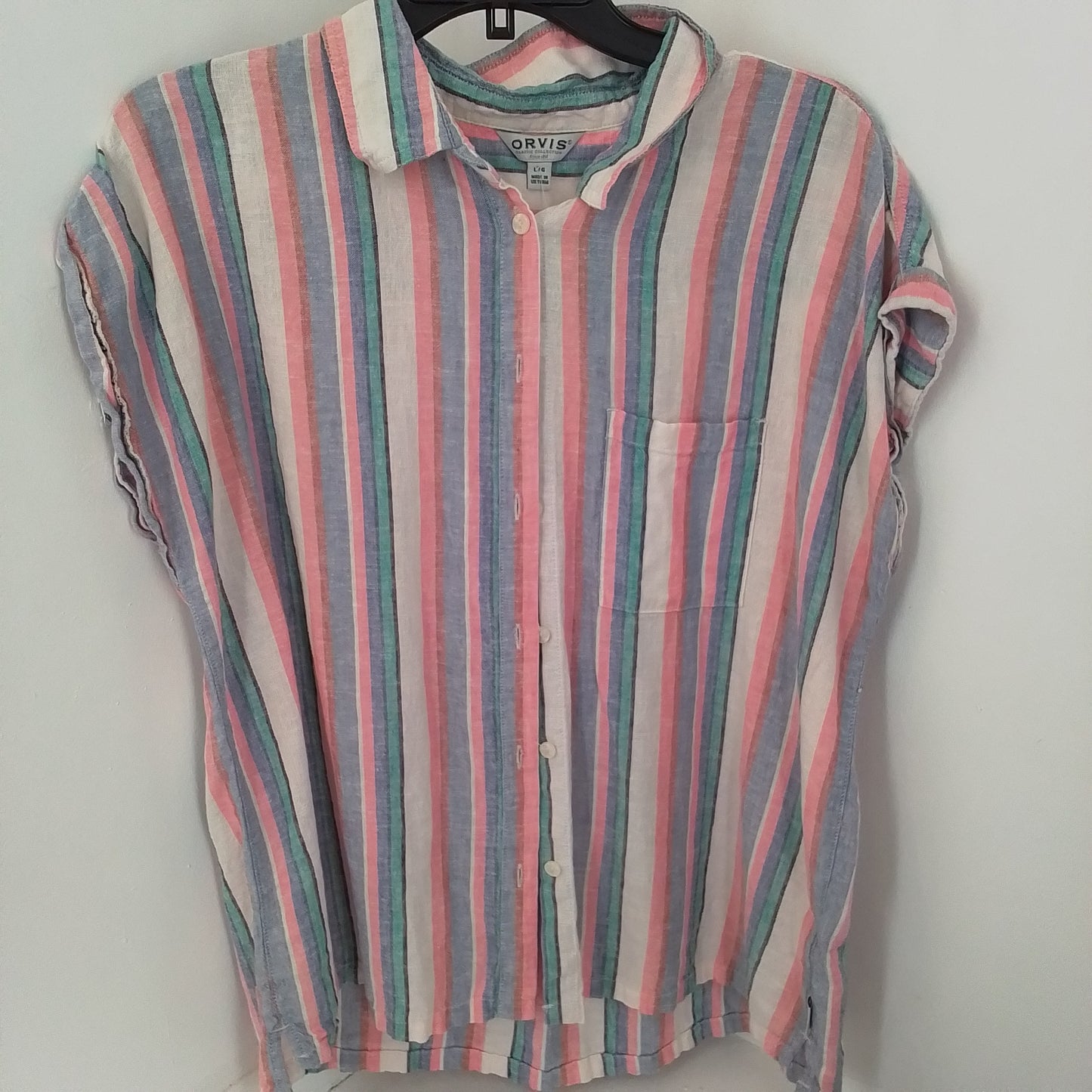 Women's Linen Blouse - Size L, White/Aqua/Purple/Salmon Stripes