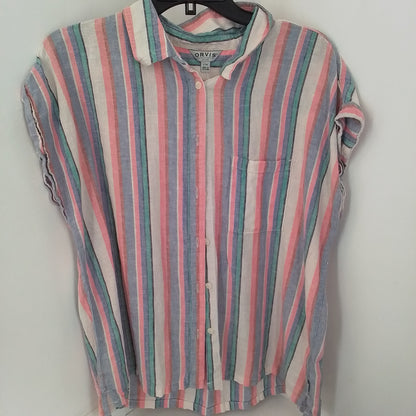 Women's Linen Blouse - Size L, White/Aqua/Purple/Salmon Stripes
