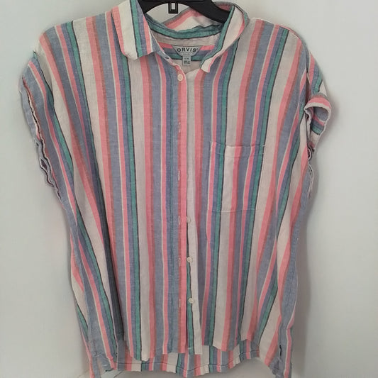 Women's Linen Blouse - Size L, White/Aqua/Purple/Salmon Stripes