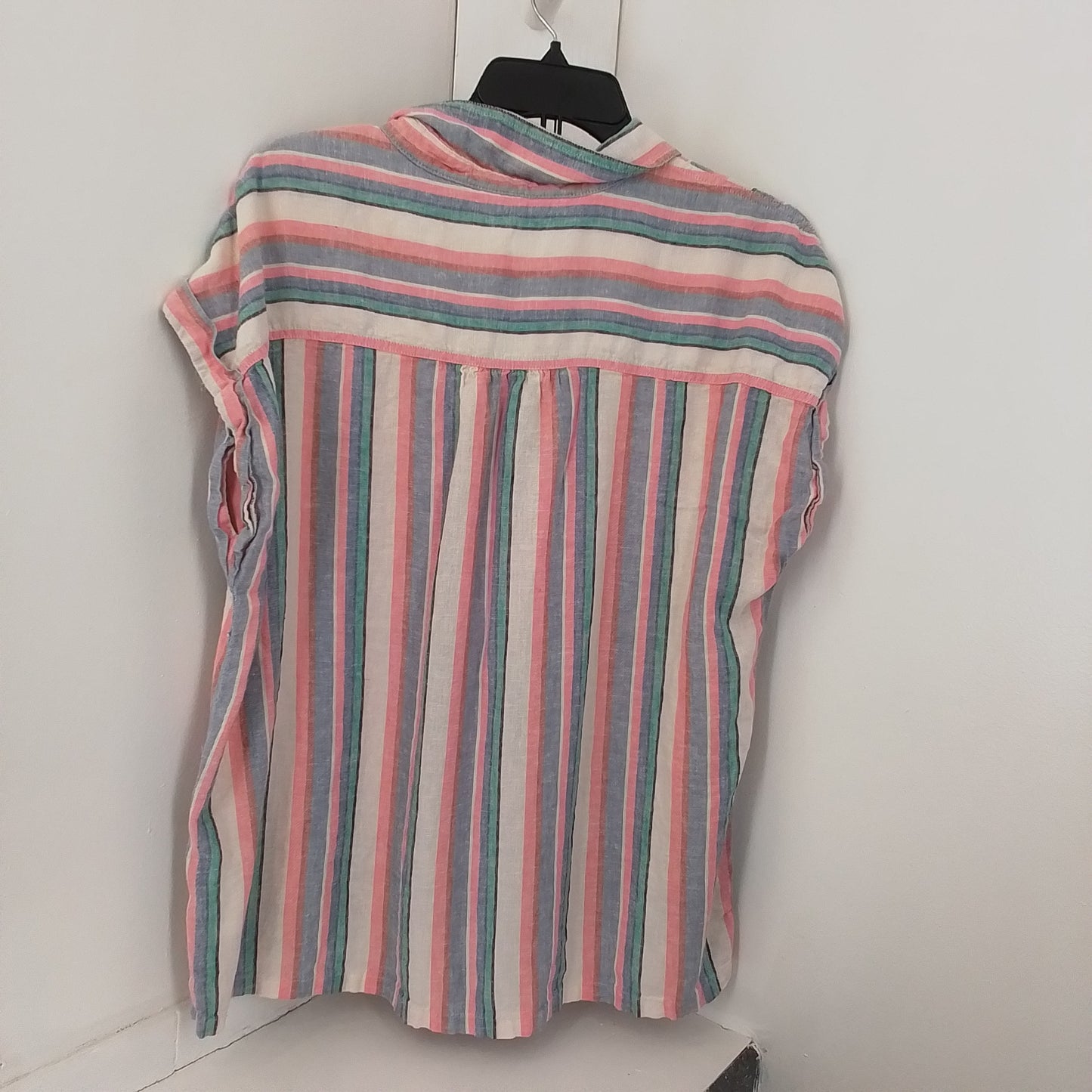 Women's Linen Blouse - Size L, White/Aqua/Purple/Salmon Stripes