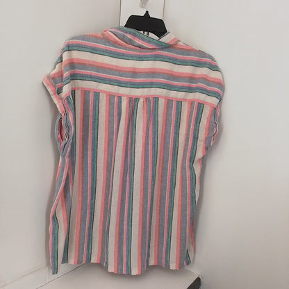 Women's Linen Blouse - Size L, White/Aqua/Purple/Salmon Stripes