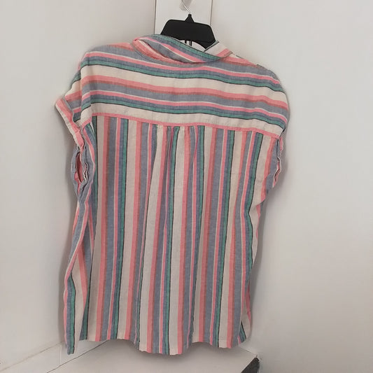 Women's Linen Blouse - Size L, White/Aqua/Purple/Salmon Stripes