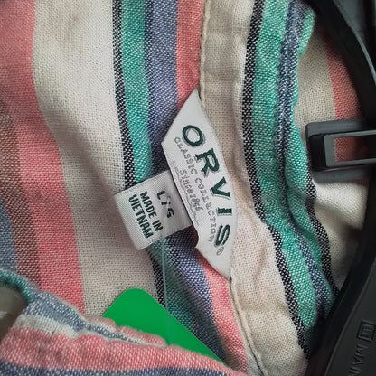 Women's Linen Blouse - Size L, White/Aqua/Purple/Salmon Stripes