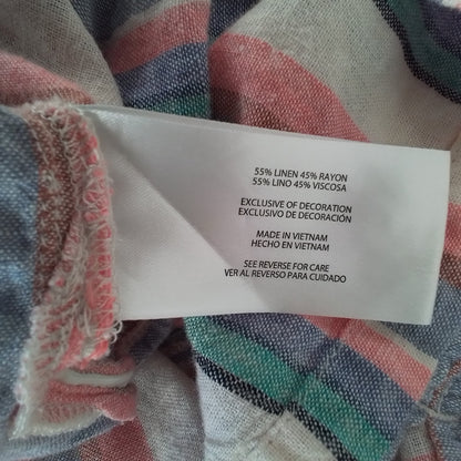 Women's Linen Blouse - Size L, White/Aqua/Purple/Salmon Stripes