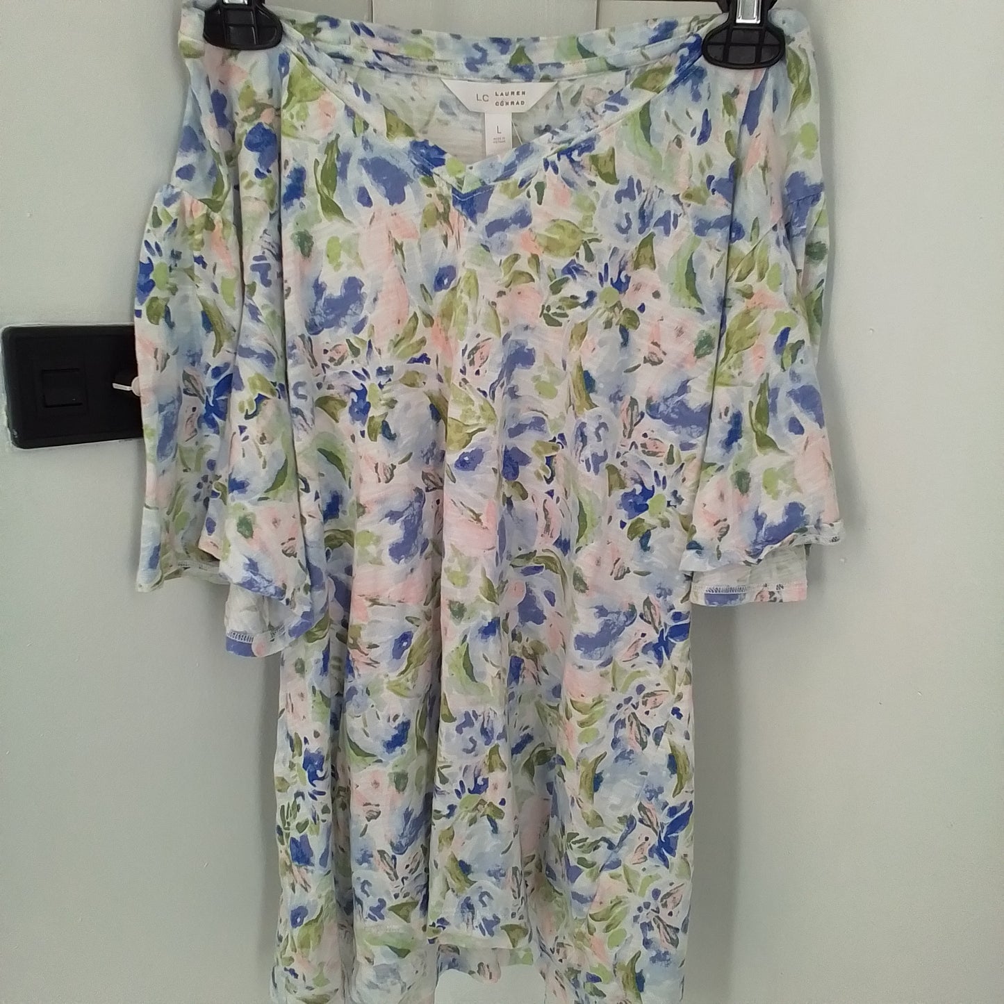 Lauren Conrad Women's Cotton Shirt - Size L - White, Green, Blue, Salmon