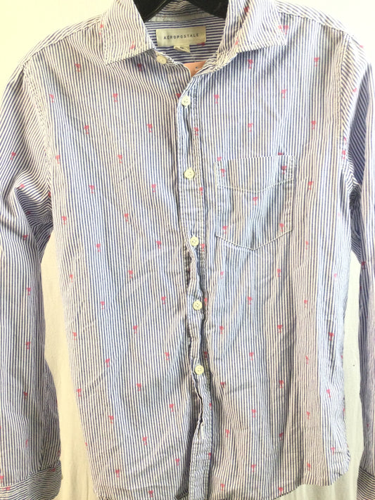 Aeropostale Kid's Blue and White Striped "Tropical" Button Up Shirt